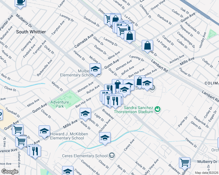 map of restaurants, bars, coffee shops, grocery stores, and more near 14119 Mulberry Drive in Whittier