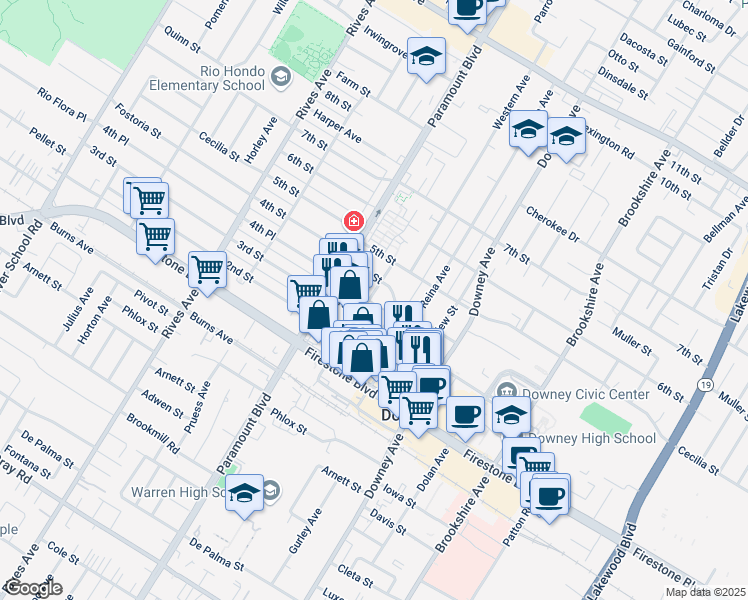 map of restaurants, bars, coffee shops, grocery stores, and more near 8137 3rd Street in Downey