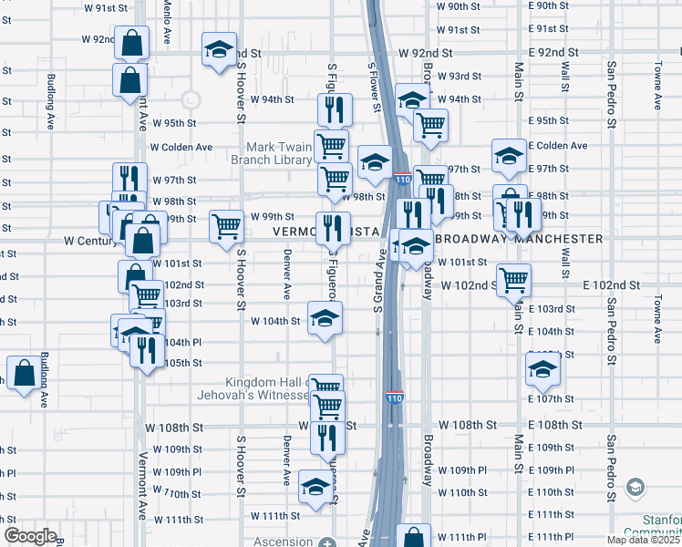 map of restaurants, bars, coffee shops, grocery stores, and more near 10207 South Figueroa Street in Los Angeles