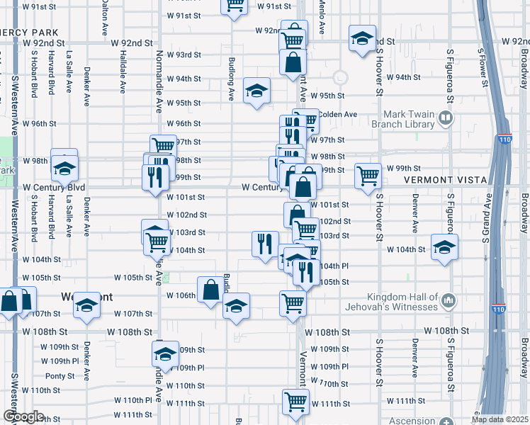 map of restaurants, bars, coffee shops, grocery stores, and more near 1111 West 103rd Street in Los Angeles
