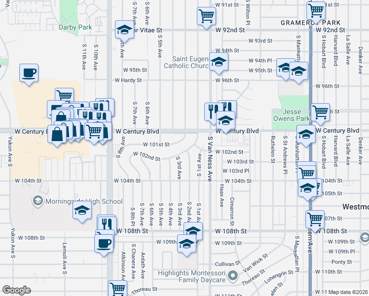 map of restaurants, bars, coffee shops, grocery stores, and more near 2408 West 102nd Street in Inglewood