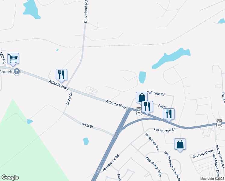 map of restaurants, bars, coffee shops, grocery stores, and more near 5030-5150 Atlanta Highway in Bogart