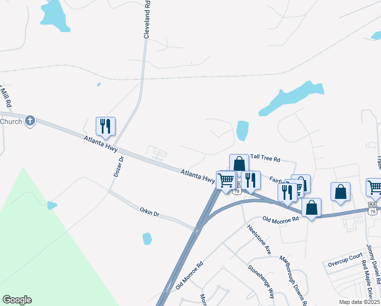 map of restaurants, bars, coffee shops, grocery stores, and more near 5030-5150 Atlanta Highway in Bogart