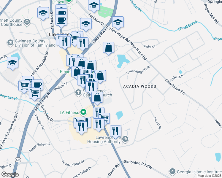 map of restaurants, bars, coffee shops, grocery stores, and more near 298 Applewood Drive in Lawrenceville