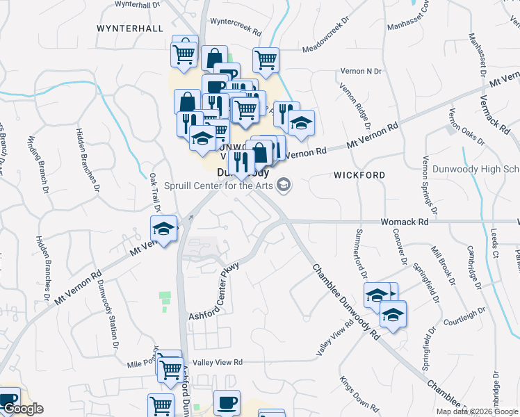 map of restaurants, bars, coffee shops, grocery stores, and more near 1302 Village Terrace Court in Dunwoody