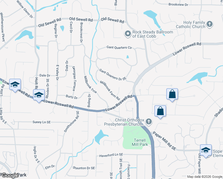 map of restaurants, bars, coffee shops, grocery stores, and more near 275 Millbrook Farm Road in Marietta
