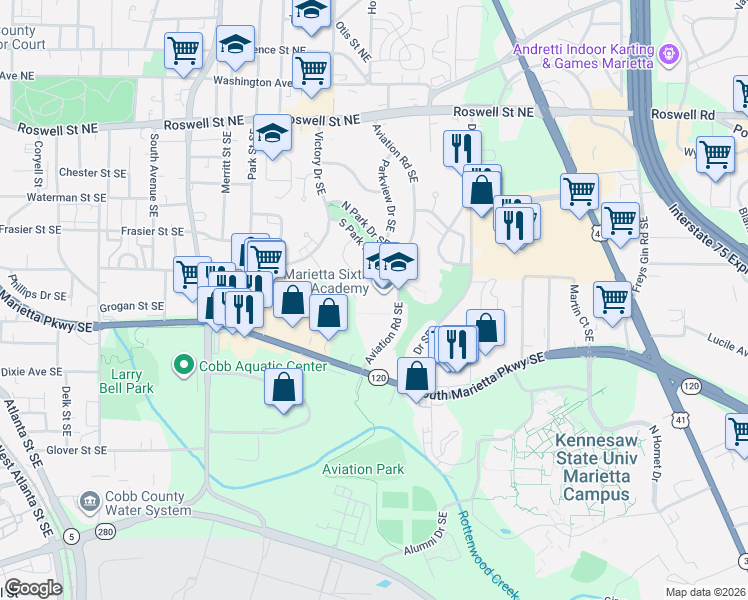 map of restaurants, bars, coffee shops, grocery stores, and more near 348-368 Aviation Road Southeast in Marietta