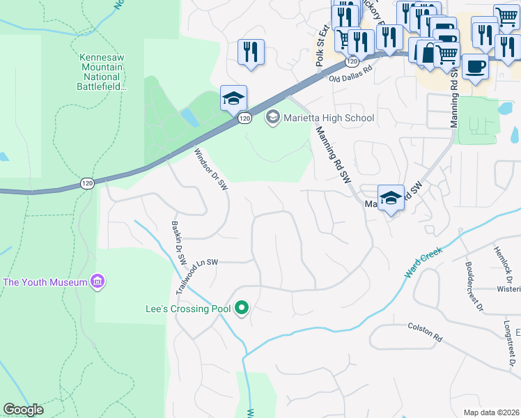 map of restaurants, bars, coffee shops, grocery stores, and more near 1073 Chestnut Hill Circle Southwest in Marietta