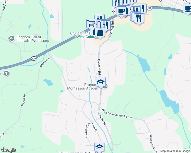 map of restaurants, bars, coffee shops, grocery stores, and more near 320 Dewpoint Ct SW in Marietta