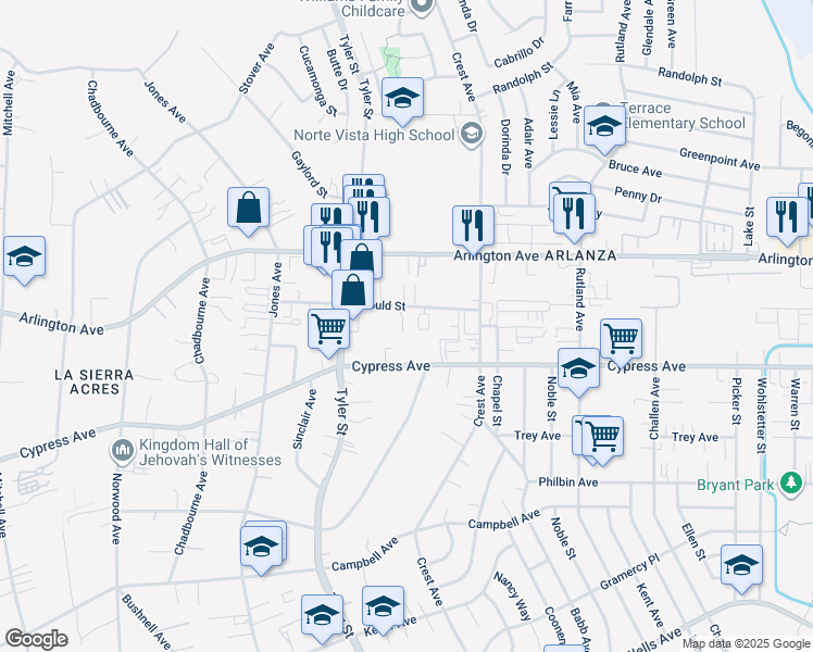 map of restaurants, bars, coffee shops, grocery stores, and more near 10160 Gould Street in Riverside