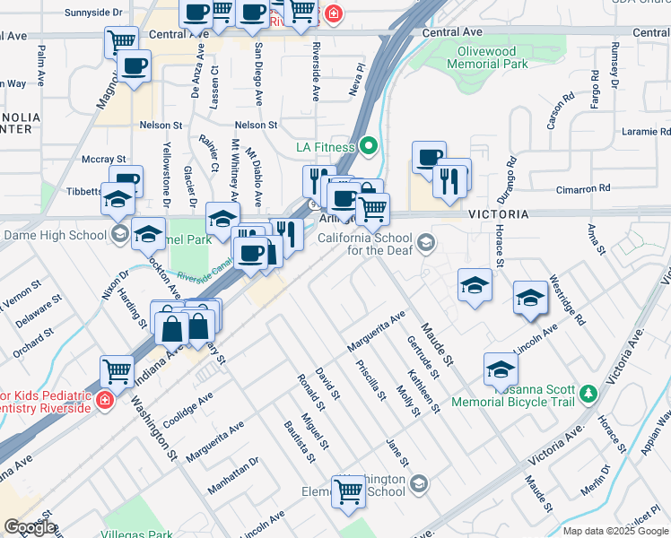 map of restaurants, bars, coffee shops, grocery stores, and more near 6590 Piccadilly Street in Riverside