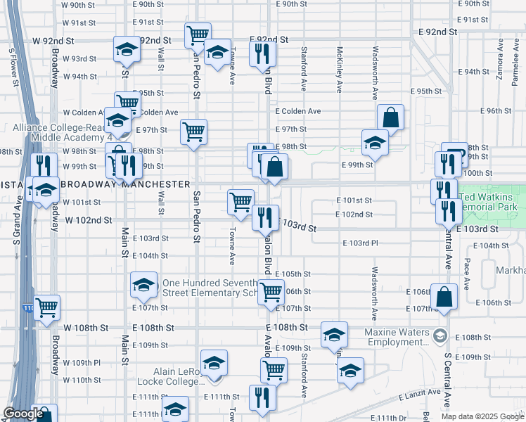 map of restaurants, bars, coffee shops, grocery stores, and more near 10115 Avalon Boulevard in Los Angeles