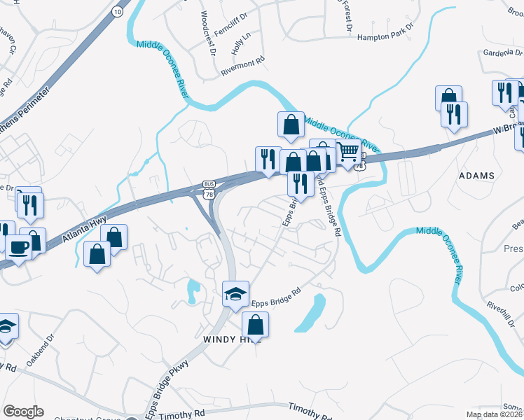 map of restaurants, bars, coffee shops, grocery stores, and more near 190 Epps Bridge Road in Athens