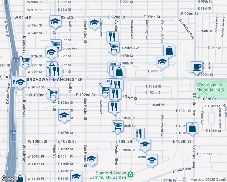 map of restaurants, bars, coffee shops, grocery stores, and more near 10115 Avalon Boulevard in Los Angeles