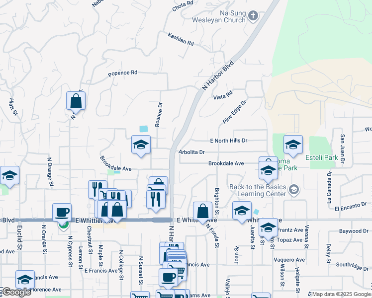map of restaurants, bars, coffee shops, grocery stores, and more near 1241 Arbolita Drive in La Habra
