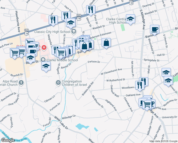 map of restaurants, bars, coffee shops, grocery stores, and more near 140 Cloverhurst Circle in Athens