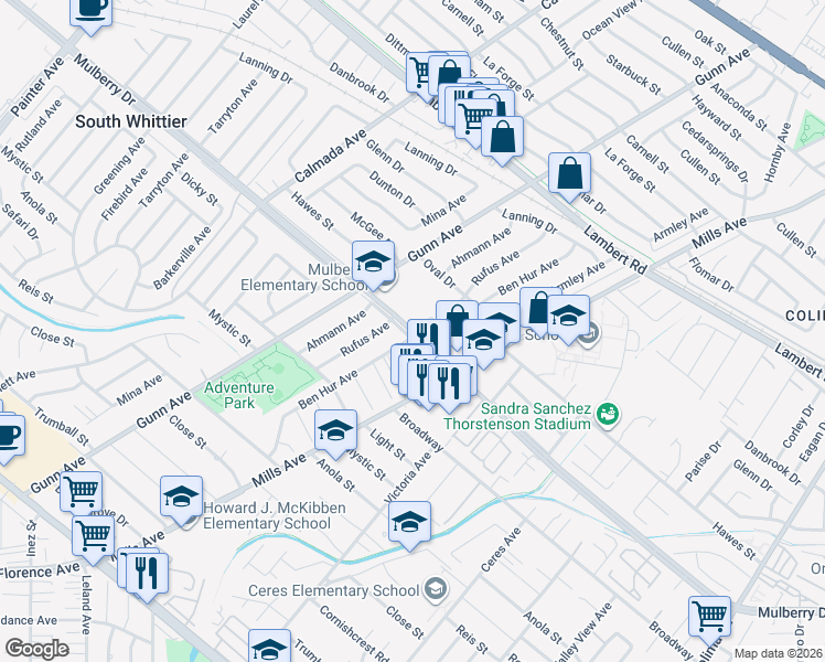 map of restaurants, bars, coffee shops, grocery stores, and more near Mulberry Drive in Los Angeles County