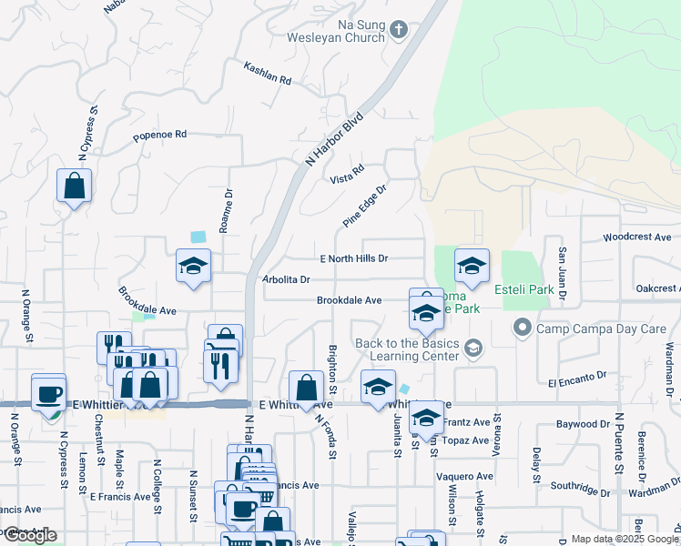 map of restaurants, bars, coffee shops, grocery stores, and more near 1621 Brookdale Avenue in La Habra