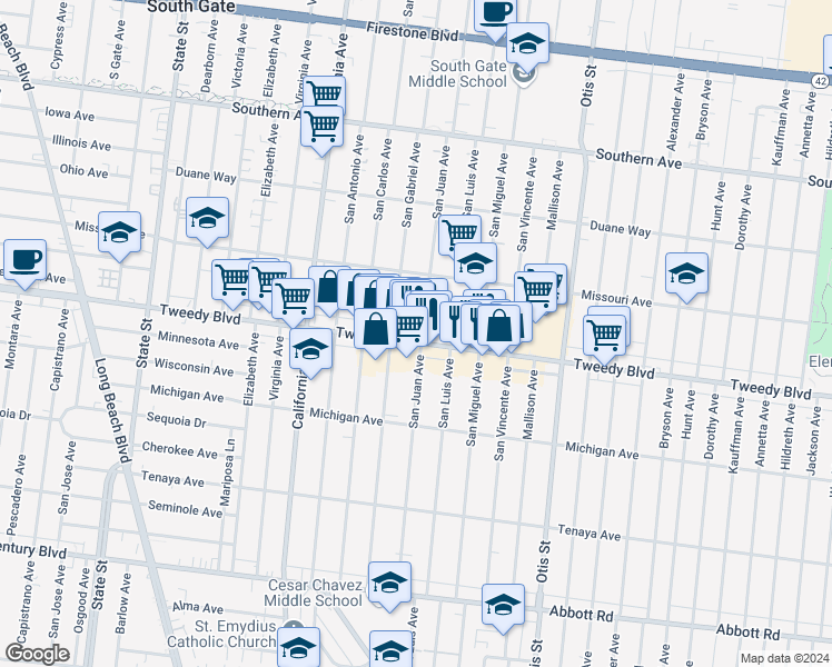 map of restaurants, bars, coffee shops, grocery stores, and more near 3841 Tweedy Boulevard in South Gate