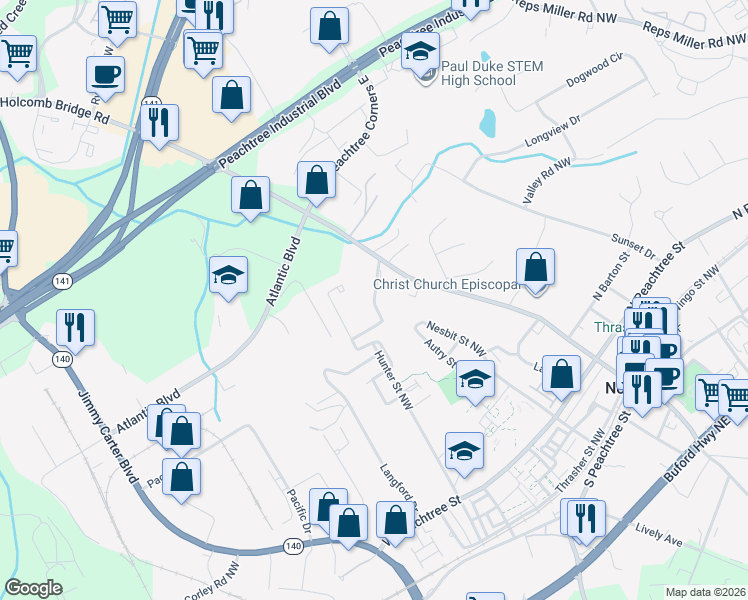 map of restaurants, bars, coffee shops, grocery stores, and more near Olde Town Park Drive in Norcross