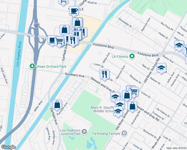 map of restaurants, bars, coffee shops, grocery stores, and more near 7100 Stewart and Gray Road in Downey