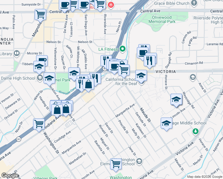 map of restaurants, bars, coffee shops, grocery stores, and more near 6590 Piccadilly Street in Riverside
