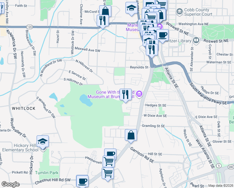 map of restaurants, bars, coffee shops, grocery stores, and more near 91 Griggs Street Southwest in Marietta