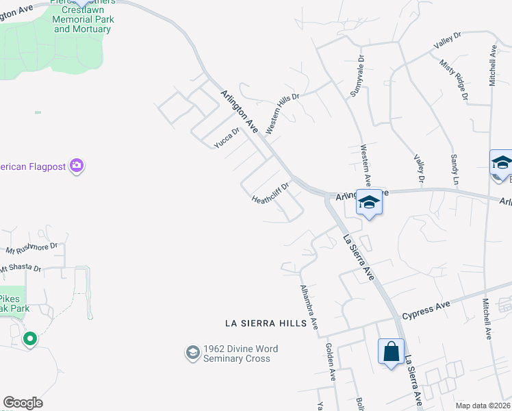 map of restaurants, bars, coffee shops, grocery stores, and more near 11267 Heathcliff Drive in Riverside