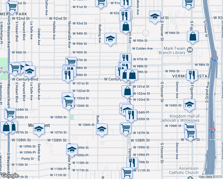 map of restaurants, bars, coffee shops, grocery stores, and more near 1109 West 102nd Street in Los Angeles