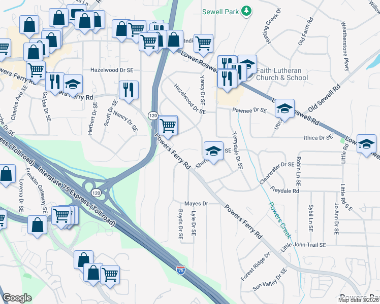 map of restaurants, bars, coffee shops, grocery stores, and more near 310 Yancy Drive in Marietta