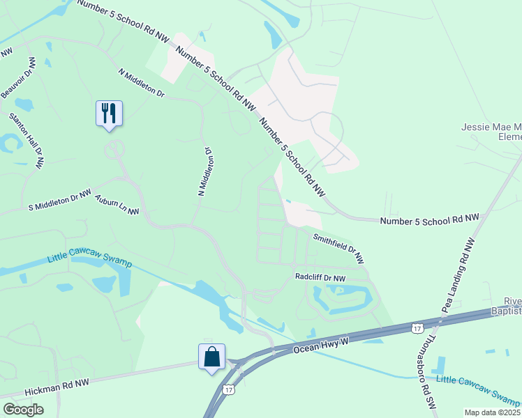 map of restaurants, bars, coffee shops, grocery stores, and more near 8835 Rutherford Drive Northwest in Calabash