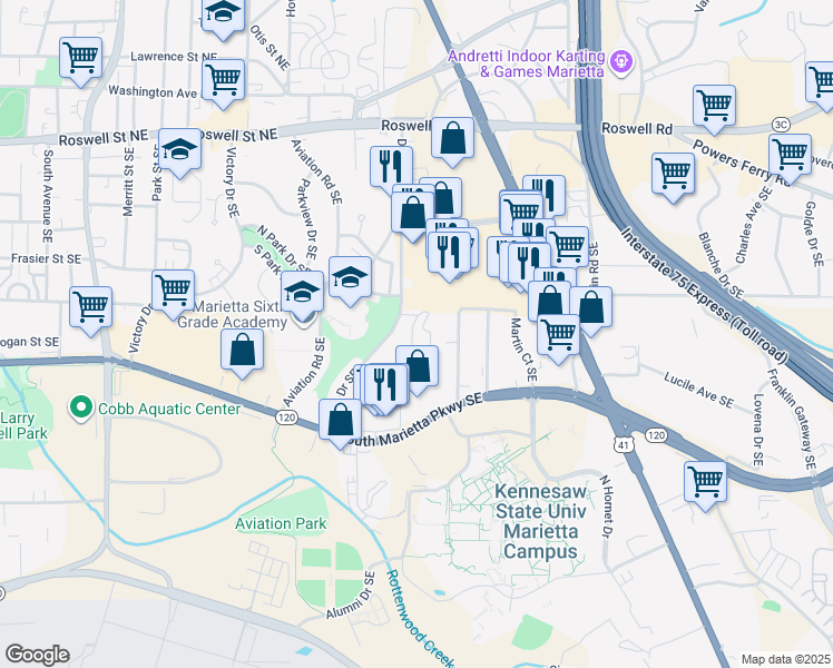 map of restaurants, bars, coffee shops, grocery stores, and more near 309 Williamson Street Southeast in Marietta