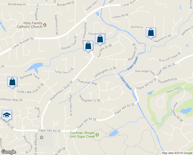 map of restaurants, bars, coffee shops, grocery stores, and more near 237 Lamplighter Lane Southeast in Marietta