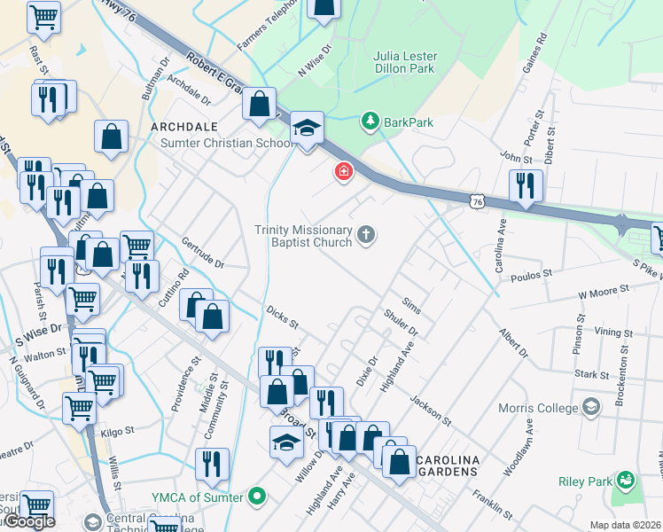 map of restaurants, bars, coffee shops, grocery stores, and more near 155 Wall Street in Sumter