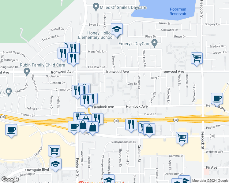 map of restaurants, bars, coffee shops, grocery stores, and more near 12218 Calle Sombra in Moreno Valley