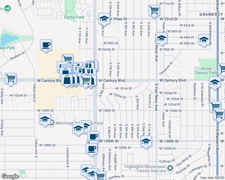 map of restaurants, bars, coffee shops, grocery stores, and more near 2904 West Century Boulevard Local Access in Inglewood