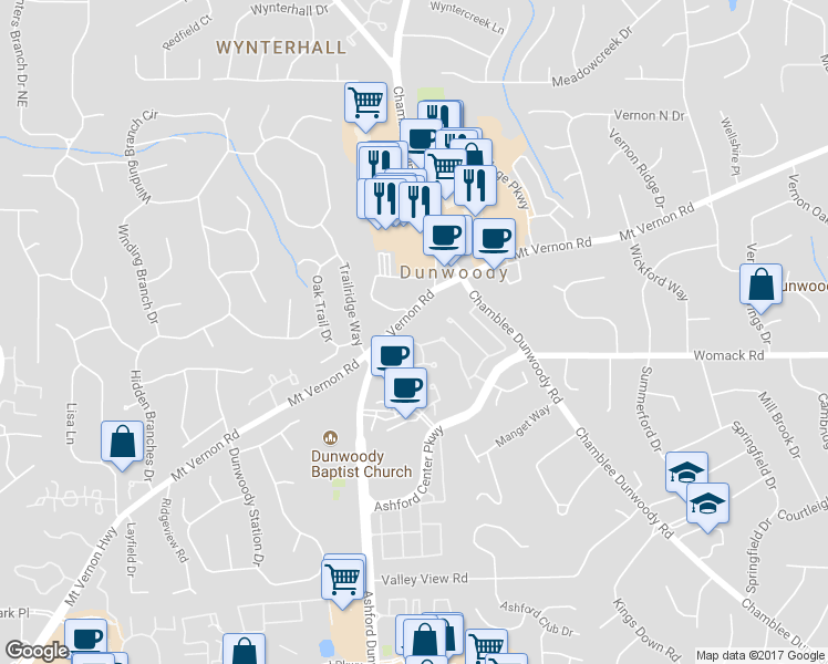 map of restaurants, bars, coffee shops, grocery stores, and more near 5001 Dunwoody Terrace Cove in Dunwoody