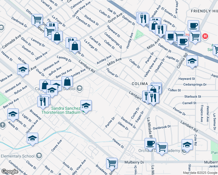 map of restaurants, bars, coffee shops, grocery stores, and more near 14604 Lanning Drive in Whittier
