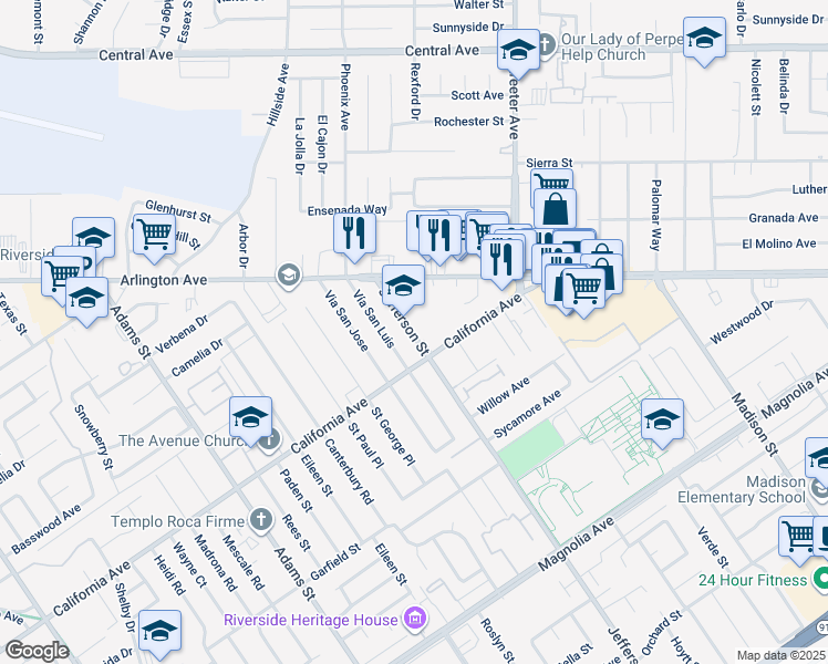 map of restaurants, bars, coffee shops, grocery stores, and more near 4285 Jefferson Street in Riverside