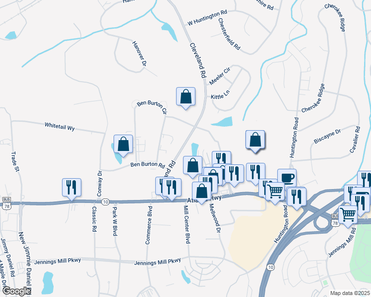map of restaurants, bars, coffee shops, grocery stores, and more near 245 Cleveland Road in Bogart