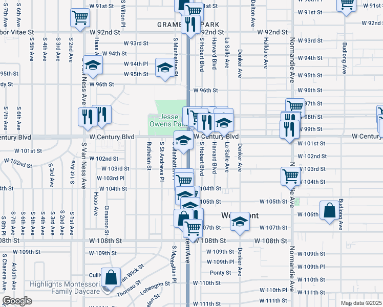 map of restaurants, bars, coffee shops, grocery stores, and more near 10011 South Western Avenue in Los Angeles