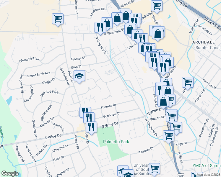 map of restaurants, bars, coffee shops, grocery stores, and more near 945 Grimble Court in Sumter