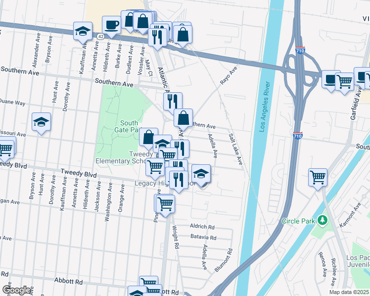 map of restaurants, bars, coffee shops, grocery stores, and more near 9640 Atlantic Avenue in South Gate