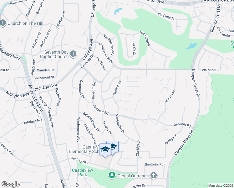 map of restaurants, bars, coffee shops, grocery stores, and more near 1460 Timberlane Drive in Riverside