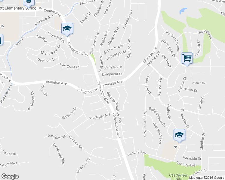 map of restaurants, bars, coffee shops, grocery stores, and more near 2055 Livingston Street in Riverside