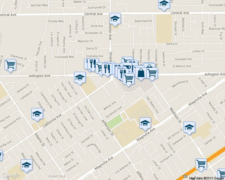 map of restaurants, bars, coffee shops, grocery stores, and more near 7726 California Avenue in Riverside