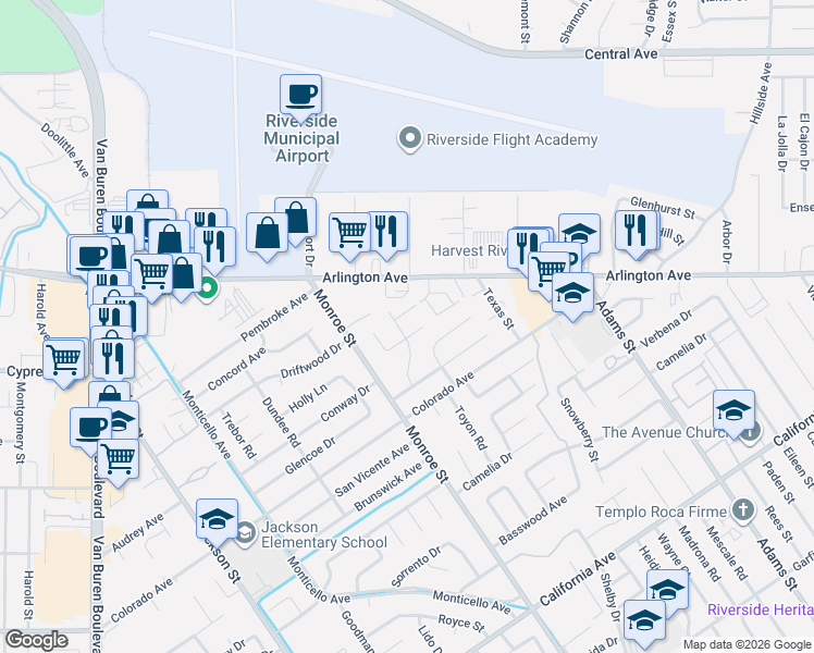 map of restaurants, bars, coffee shops, grocery stores, and more near 6674 Arlington Avenue in Riverside