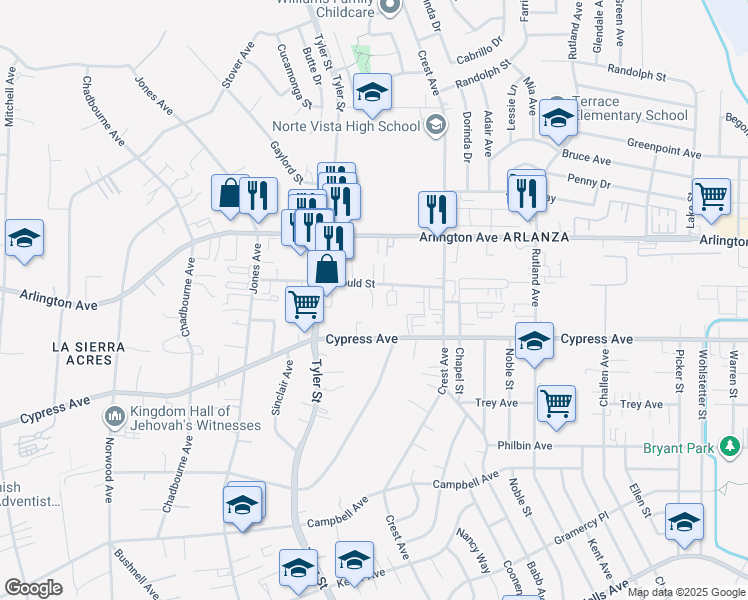 map of restaurants, bars, coffee shops, grocery stores, and more near 10157 Gould Street in Riverside