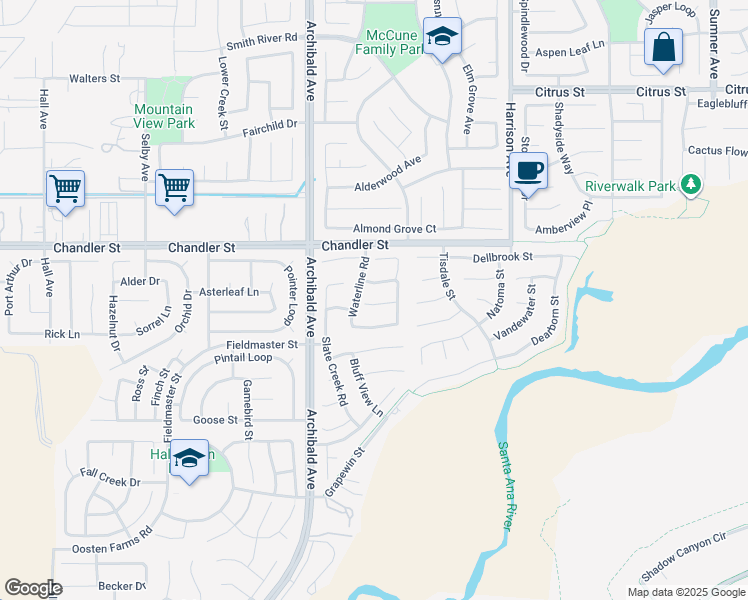 map of restaurants, bars, coffee shops, grocery stores, and more near 7863 Waterline Road in Corona