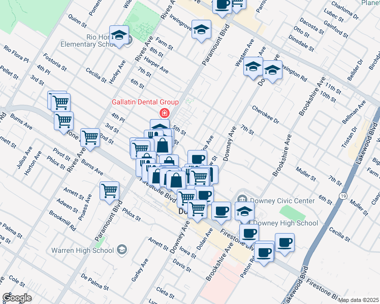 map of restaurants, bars, coffee shops, grocery stores, and more near 10820 Myrtle Street in Downey